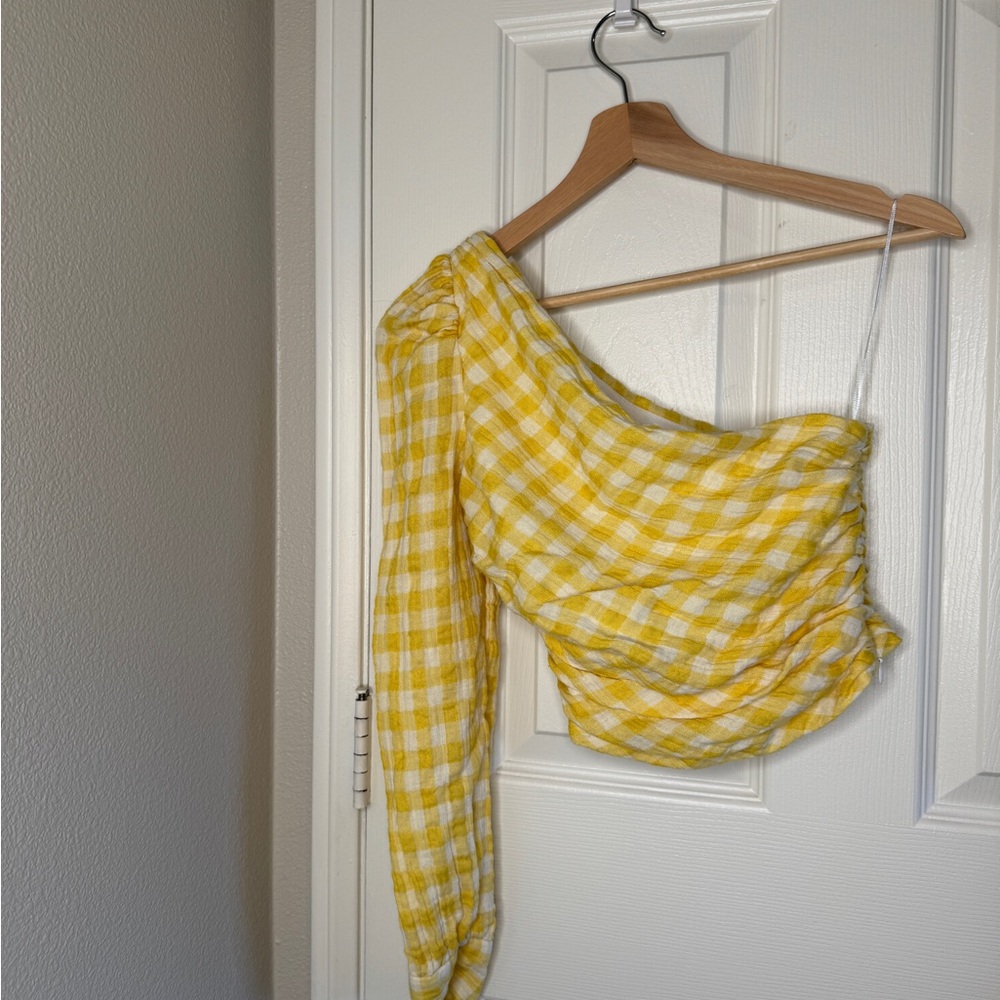 Zara Yellow Checkered One-Shoulder Blouse